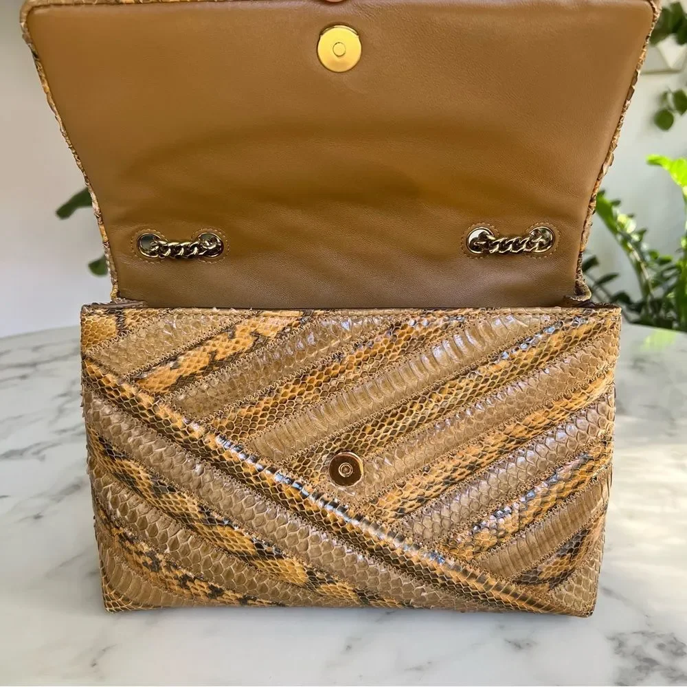 Tory Burch Kira Chevron Exotic Snakeskin Leather Convertible Shoulder Bag Tan